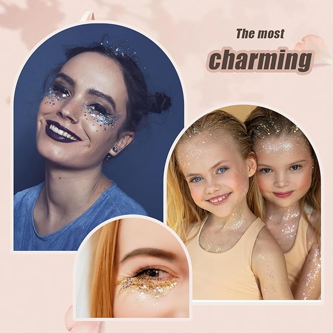 Face Body Glitter, Hair Glitter Sparkles Chunky Face Glitter Gel for Girls Makeup Singer Concerts Mermaid Festival Sequins Face Paint (White+Silver+Pink+Gold+Blue+Purple+Red)