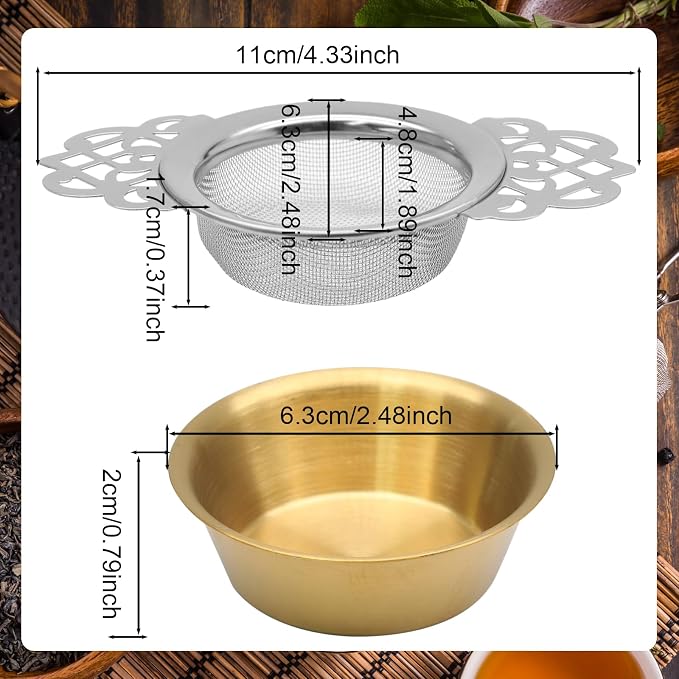 2 Pack Tea Strainers with Drip Bowls Stainless Steel Mesh Tea Infusers Loose Leaf Tea Filter with Handles Tea Steeper for Tea Juice Coffee Drinks, Gold & Silver