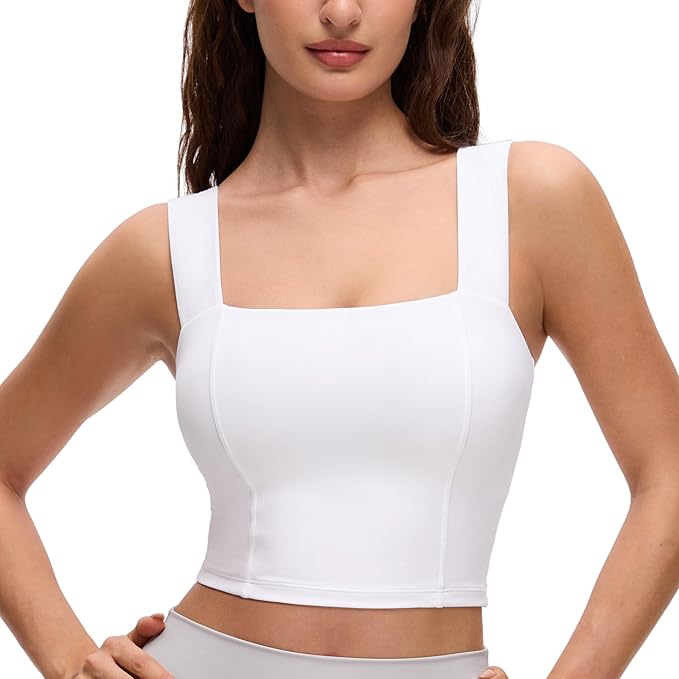 CRZ YOGA Butterluxe Wide Straps Square Neck Crop Tank Tops for Women - Padded Workout Yoga Longline Sports Bras