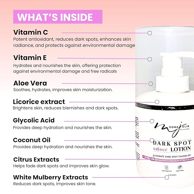 Moona Jolie Dark Spot Eraser Skin Nourishing Lotion - Hydrating Lotion for Face & Body - Improves Appearance of Acne Scars, Stretch Marks & Uneven Skin Tone with Vitamin C (250ML)