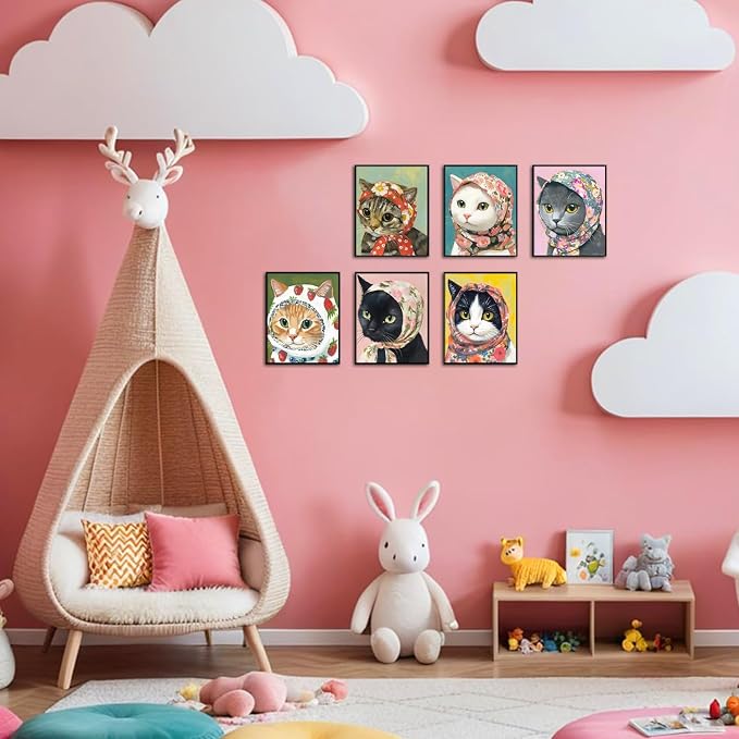 Funny Cat Poster Set of 6, Whimsical Babushka Cats Wall Art Eclectic Lover Cat Pictures Decor, Quirky Animal Pictures Canvas Painting Prints Aesthetic for Bedroom Living Room 12x16 inch Unframed