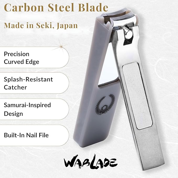 Japanese Nail Clippers, Curved Carbon Steel Blade, Made in Seki Japan, Built-in Nail File & Clippings Catcher, Samurai Design, Fingernail & Toenail Nail Trimmer (Silver)