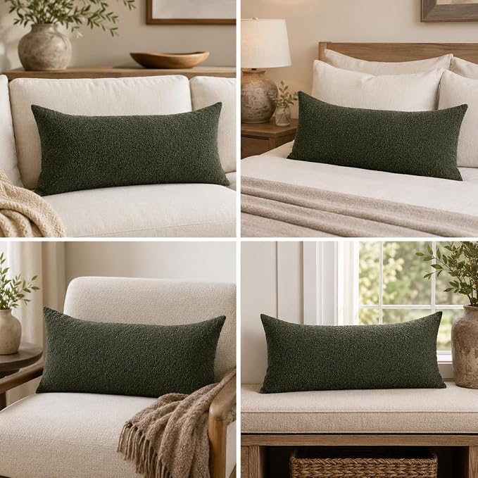 JoraLion 14x24 inch Boucle Lumbar Pillow Cover, Army Green Woven Texture Neutral Long Pillow Cover Breathable Cushion Case for Couch Sofa Bed Living Room Home Decor (Cover Only)