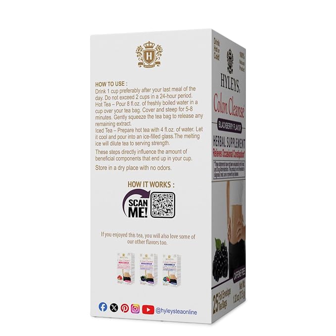 HYLEYS Colon Cleanse Tea, BlackBerry Flavor - 25 Individually Wrapped Herbal Tea Bags - Caffeine Free, Vegan