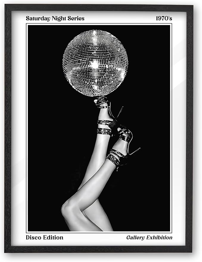 iHery 16x20in Disco Ball Framed 70s Retro Wall Art | Premium Black OAK Wood Frame with Canvas Print, Retro 70s Disco Decor for Bedroom, Bathroom, Dorm and Living Room, 1Pack