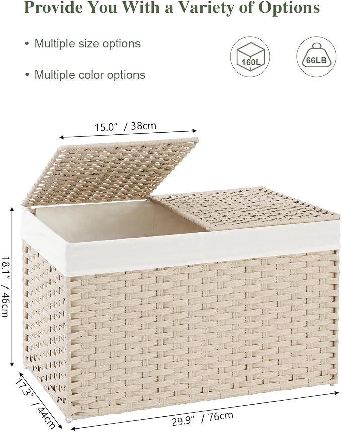 SETVSON Storage Basket with Lid 160L Wicker Baskets Storage Light Khaki | Divided Clothes Organizer,42.3 Gallon Dual Lid Jumbo Blanket Storage Trunk, 2 Washable Liner Bags, Collapsible PE Rattan Bin