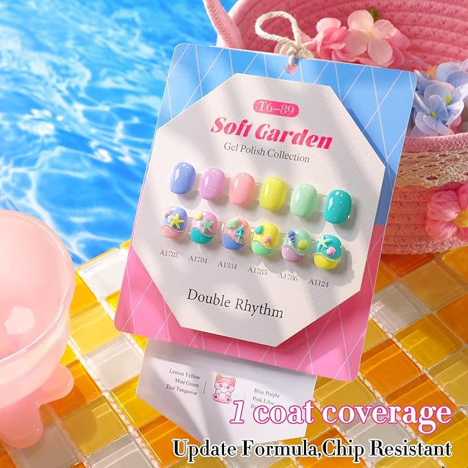 Double Rhythm 6 Pcs 15 ML Gel Polish Set Same Color Same Bottle Soak Off Gel Polish Kit Nail Art Manicure Salon DIY at Home for Women (Pastel Mint Green Yellow Pink Blue Teal-T6-89)