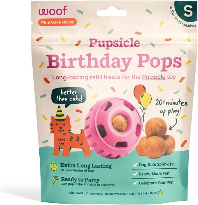 WOOF Pupsicle Birthday Refill Pops Dog Treats, Small | Fits small Pupsicle, pre-made birthday treats, naturally sweet, cake flavor, long-lasting enrichment, shelf stable