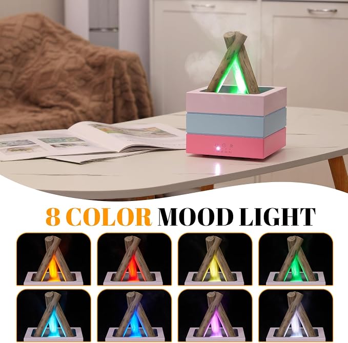 Essential Oil Diffuser 280ML,Flame Diffuser,Bonfire Oil Diffuser,Colorful Flame,Wood Cool Mist Humidifier for Home,Room, Bedroom, Office,Gift Auto Shut-Off 8 Colors Light (Colorful)