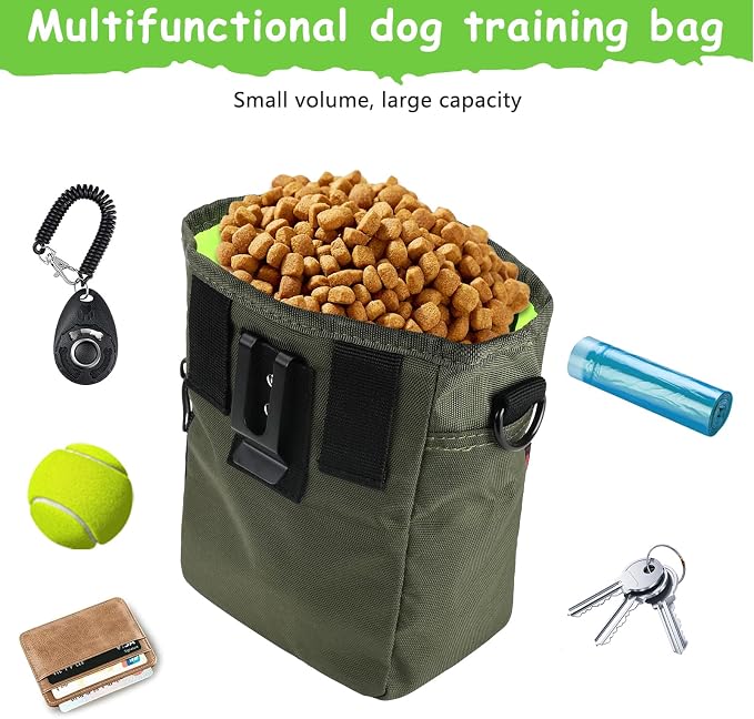 kissleaf Dog Treat Pouch, Magnetic Closure, Dog Clicker- Green