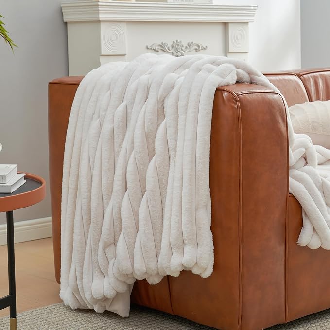 Faux Fur Throw Blanket for Couch, Cozy Fuzzy Fluffy Fur Luxurious Soft Striped Plush Gift Blankets for Family Sofa Chair Bedroom, 55"x70", Ivory