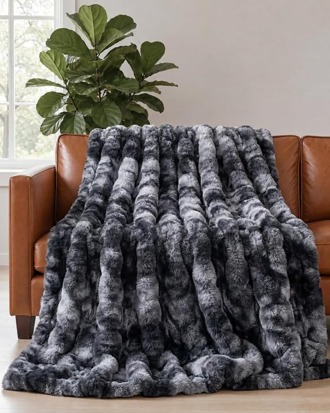 3D Fleece Bubble Blanket King - Rabbit Blanket - 90" x 108", Marble Black | Soft Fluffy Faux Fur Blanket for Couch Sofa & Chair, Cozy Gifts for Women, Tie Dye Cloud Throw Bed Cover, Thick Plush Bedding
