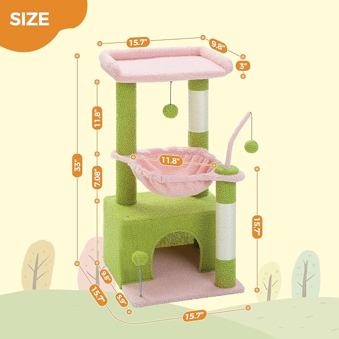 PEQULTI 4-in-1 Cat Tree for Kittens & Small Cats, 33in Pink Tower | Compact 33in cat tower: deep hammock, cozy condo, top perch, sisal post; removable washable cover; wide base for small cats