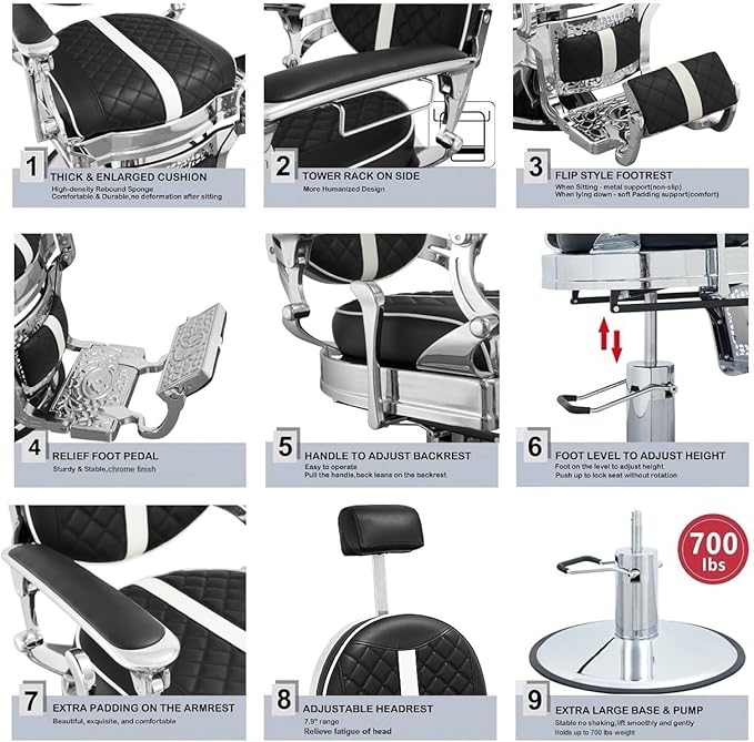 Kaleurrier Heavy Duty Barber Chair for Barbershop - Quilted Leather Hair Stylist Chair with Chrome Accents - Salon Furniture Equipment for Salon Station Home Massage Tattoo Black and White