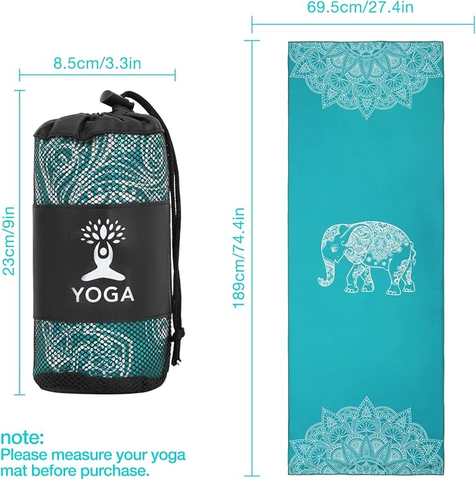 MoKo Yoga Towel, Non Slip Hot Yoga Mat Yoga Blanket Printing Pattern Quick Dry with Corner Pocket for Bikram, Pilates, Gym Workout, Outdoor Picnic, Lake Blue & Elephant