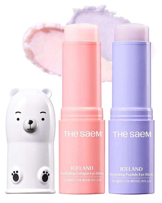 THESAEM Iceland Eye Stick Bundle - 2 Pack (Collagen + Peptide) 0.38 oz Each - Anti-Wrinkle Cooling Balm for Dark Circles & Puffiness - Under Eye Treatment with 6-Type Collagen & 5-Peptide Complex