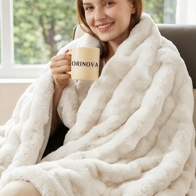 ORINOVA Light Beige Cozy Faux Fur Throw Blanket for Living Room Bedroom 50x60 Thick Ultra Soft Aesthetic Fuzzy Throw Blanket Fluffy Furry Bed Comforter Home Decor 860 GSM