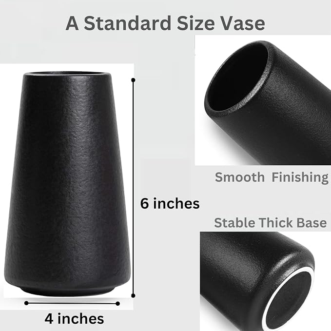 Black Ceramic Vase - Modern Flower Vase for Home Decor - Cute Vase for Pampas Grass - Desk Aesthetic Room Decor- Farmhouse Decor - Living Room - Dining Table - Office - Kitchen Shelf
