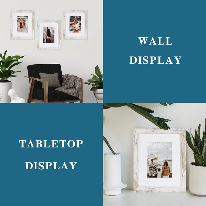 Hongkee 8x10 Picture Frame Set of 4, Made of Real Glass and Distressed White Wooden Frame, 8 by 10 Photo for Wall or Tabletop - Display Picture 5x7 with Mat or 8x10 Without Mat