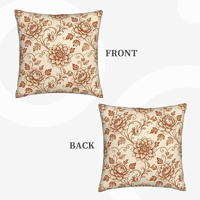 Terracotta Brown Floral Toile Pillow Covers 18x18 Set of 2, Vintage Dahlia & Peony Throw Pillow Covers Outdoor Decorative Pillow Case for Couch Bed Sofa Cushion Home Decor