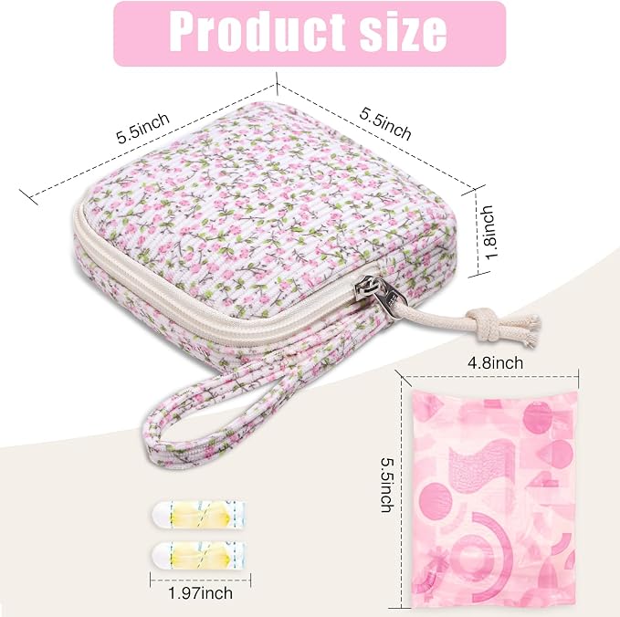 Small Makeup Bag | Discreet Period Bag Pad Pouch for Purse | Sanitary Napkin Storage & Tampon Holder for Travel (Flower Pink)
