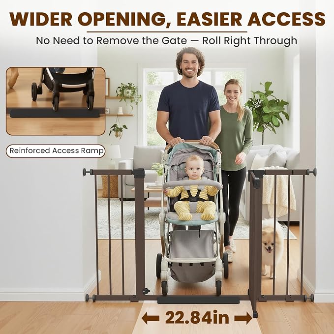 Mumeasy 29.7–48" Baby Gate for Stairs, Dog Gate for Doorways, Auto Close Child Gate, Indoor Safety Pet Gate with Walk Thru Door, Easy Install Pressure Mounted Extra Wide Gate for Kitchen, House, Brown
