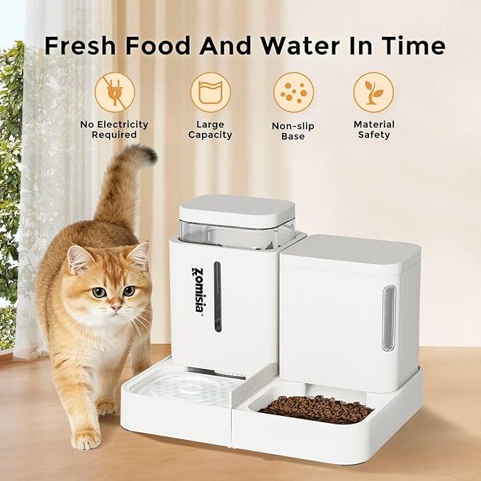 ZOMISIA Gravity Cat Feeder and Water Dispenser, 2 in 1 Cat Self Feeder with 180 Degree Rotatable, 2 Pack Automatic Feeding Large Capacity for Small Medium Dog Puppy Kitten, White, 0.8 Gallon x 2