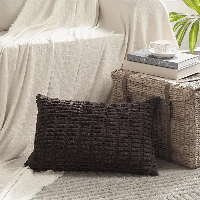 Fancy Homi Decorative Throw Pillow Covers for Bed Couch Bedroom Bench, Soft Corduroy Solid Pillow Case, Rustic Farmhouse Boho Room Decor,20" x 12" (Pack of 1),Dark Brown
