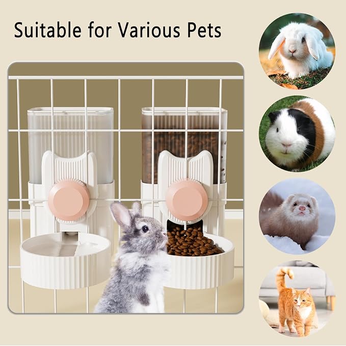 kathson Rabbit Feeder for Cage,Bunny Water Bottle,Pet Food Dispenser,Pink | Gravity Automatic Guinea Pig Feeder Waterer Set,Hanging Small Pet Food Bowl Feeding Station for Ferret Chinchilla Cat Puppy