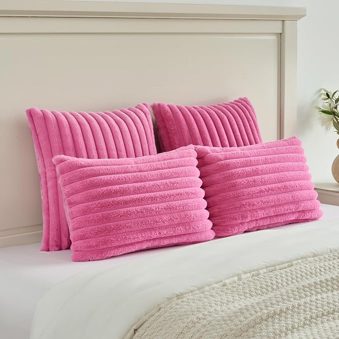 FUTEI Pack of 2 Faux Fur Throw Pillow Covers 18x18 Inch, Hot Pink | Fluffy Faux Rabbit Fur Front/Premium Velvet Back,Hidden Zipper,Machine Washable,Non-Shedding,Colorfast,Insert Not Included.