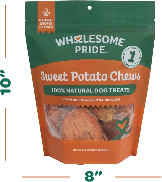 Wholesome Pride Sweet Potato Chews Healthy Dog Treats, 1 Ingredient, 8 oz | No Preservatives, 100% Sweet Potato, Gently Dehydrated, Supports Digestion, No Grain or Gluten, Training & Snacking
