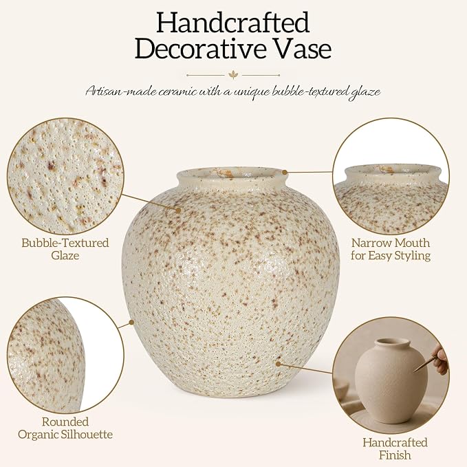 Cream Ceramic Flower Vase Speckled Bubble Glaze Home Decor | 6.29 Inch Rustic Table Vase,Decorative Ornament for Living Room,Office,Wedding,Birthday
