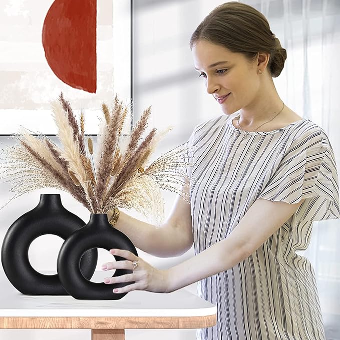Ceramic Vases Set of 2, Modern Black Round Vase Rustic Home Decor, Donut Ceramic Design Apply to Living Room Kitchen Mantle Bedroom Dining Table Office Black Decor