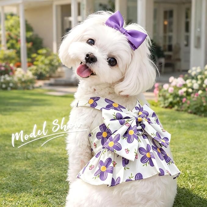 2Pack Small Dog Harness Dress for Girl Puppy Cat Dress with Flower Pattern Bow Adjustable Breathable Lining Back D-Ring Cute Outfits for Small Puppy, Cat Dresses for Cats Only or Dog Girl Clothes