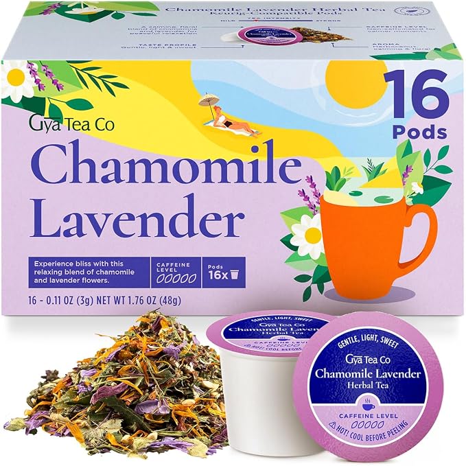 Gya Tea Co Chamomile Lavender Herbal Tea Pod (16 Count)- Decaf Wellness Tea for Body Comfort & Relaxing