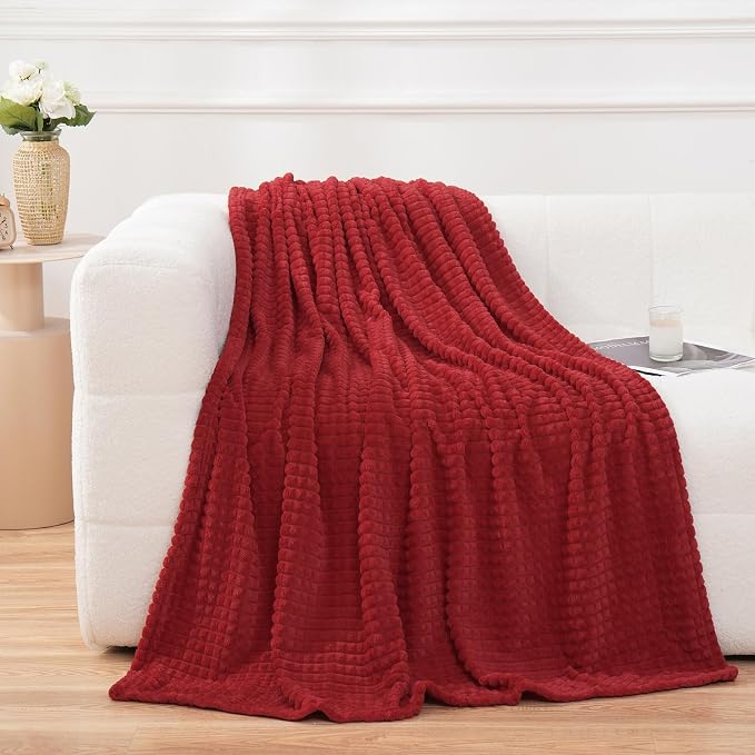 Puncuntex Fleece Throw Blanket Red 60"×80" with Square Grid Design | Super Soft Plush Cozy Flannel Throw Blanket Luxury for Couch Sofa Chair
