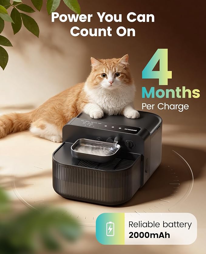 oneisall 3.5L Wireless Filterless Cat Water Fountain for Cat Pet,PW17 | Wastewater Separation,No Filter Needed,Cordless,Separate Clean&Dirty Water,304 Stainless Bowl,30dB Quiet,Smart LED Display