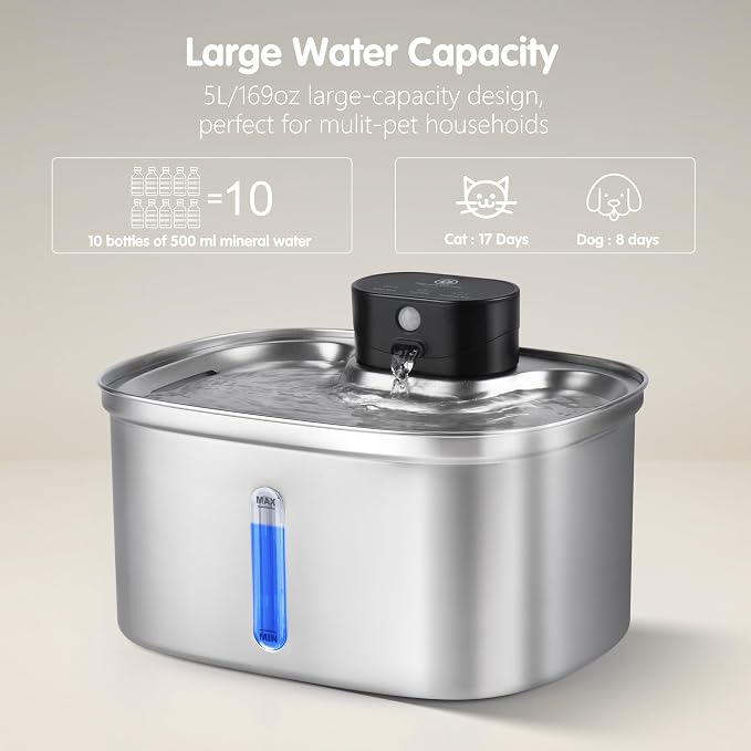 Wireless Cat Water Fountain Stainless Steel, 5L/169oz Automatic Pet Water Dispenser with 5000mAh Battery, 3 Modes (Sensor/Timer/Continuous), Ultra Quiet Pump & 6 Replacement Filters for Cats & Dogs