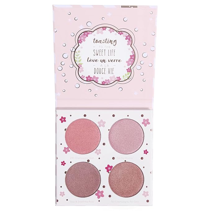 Beauty Bakerie Powder Blush Makeup Palette for Face & Cheeks, Matte and Metallic Highlighter Make up Set, 4 Highlight Shades, Cotton Candy Champagne