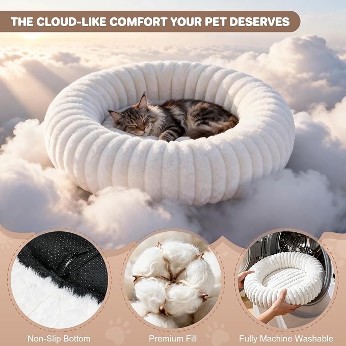 Donut Pet Bed for Indoor Cats and Small Dogs, Self-Heating Dog Bed with Non-Slip Bottom, Winter Comfort Dog Beds for Puppies, Washable & Portable Egg Tart Shape (S) Small cat Bed self Warming