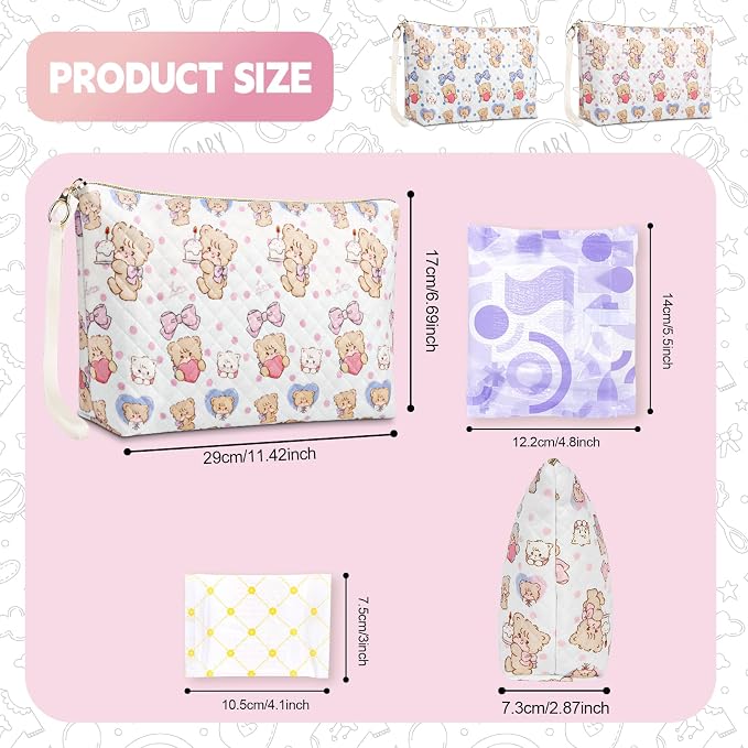 Period Bag for Teen Girls, Quilted Sanitary Napkin Storage Bag, Cute Bears Menstrual Pad Pouch Tampon Holder (Large-Blue)