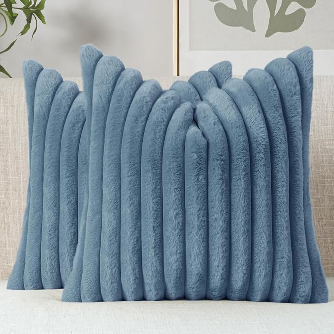 MIULEE Faux Fur Decorative Throw Pillow Covers 16x16 Set of 2 Grey Blue | Coastal Modern Soft Plush Couch Pillows, Cozy Fluffy Cushion Covers for Sofa Bed Living Room Home Decor