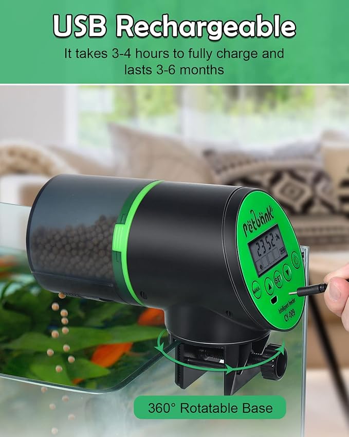 Automatic Fish Feeder for Aquarium Easy Setup & 4 Timers Green | 200ML Rechargeable Auto Food Dispenser for Flakes & Pellets, LCD Display, Vacation Feeding for Small Tank Betta Koi Turtle