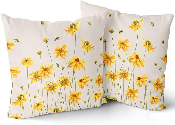 Spring Summer Throw Pillow Covers 16X16 Inches Set of 2 Yellow Flowers Coreopsis Bee Decorative Pillow Cases Bees Floral Pillow Cover Farmhouse Home Decor for Outdoor Room Couch Patio Porch