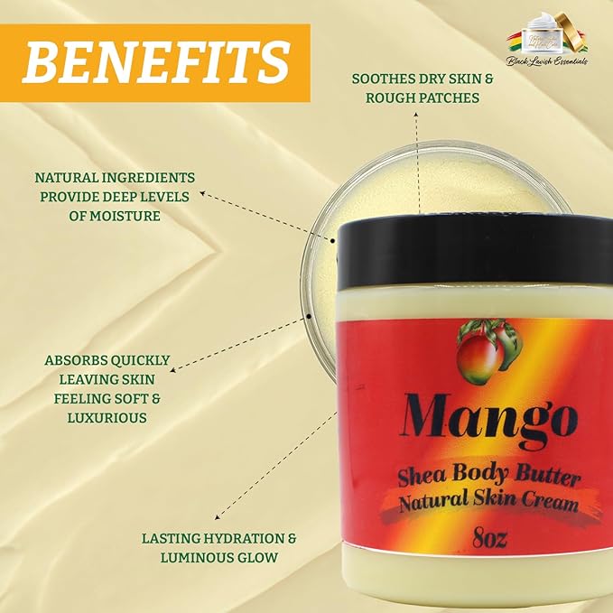 Ultra-Soft Shea Body Butter, Dry Skin Cream for Radiant Moisturized Skin, Natural Hydrating Body Lotion with Aloe Vera, Argan Oil, Rosehip Oil, (Mango, 8oz)
