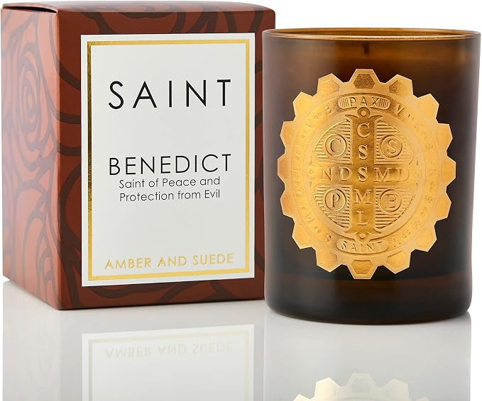 SAINT Benedict Scented Candle with Prayer and Prayer Coin | Saint of Peace and Protection from Evil - Soy Coconut Aromatherapy Candle with 80 Hour Burn Time, Special Edition