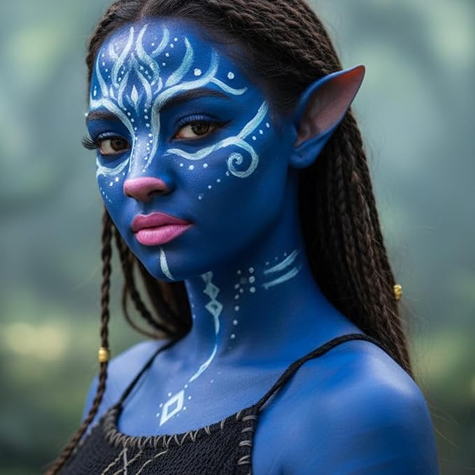 8pcs Avatar Makeup Kit,Navy Blue White Face Paint, Royal Blue Face Paint for Smurf Mystique Cosplay,Lip Gloss,White UV Eyeliner, Short Elf Ears,Single Eyeshadow,Halloween Body Paint Set with 2 Sponges
