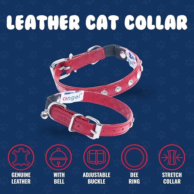 Angel, Athens Red Rhinestone Elastic Break-Away Leather Cat Collar, 12" x 1/2", Safety Stretch Release
