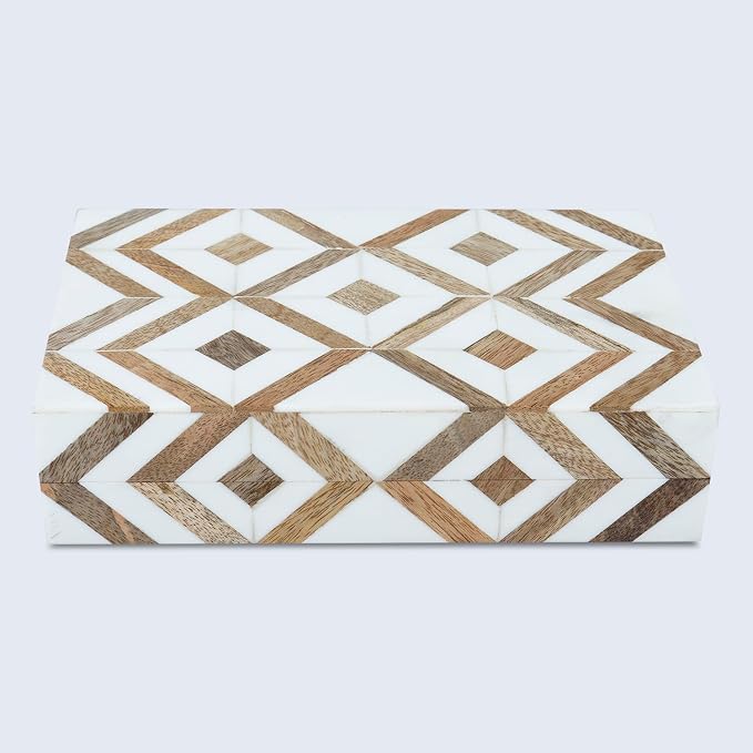 Handicrafts Home White Decorative Storage Box with Lid Wooden Desk Organizer Box Office Storage Box for Workspace Desk Decor Organizer – Resin Inlay Marquet Array Collection - 5x7x1.5