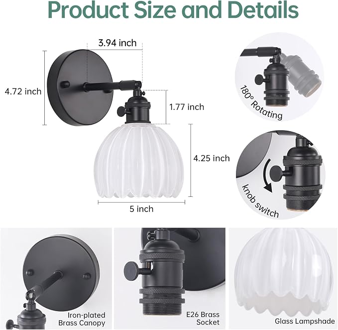 Shenmoyl Vintage Wall Sconce with White Tulip Glass Lampshade 180 Degree Adjustable Black Sconce Hradwired Modern Wall Lighting Fixture with Switch for Bedside Bedroom Doorway